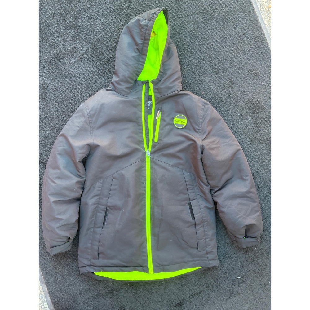 Hurley Boys Hooded Puffer Jacket Charcoal Grey Neon Green Large 14/16 Coat
